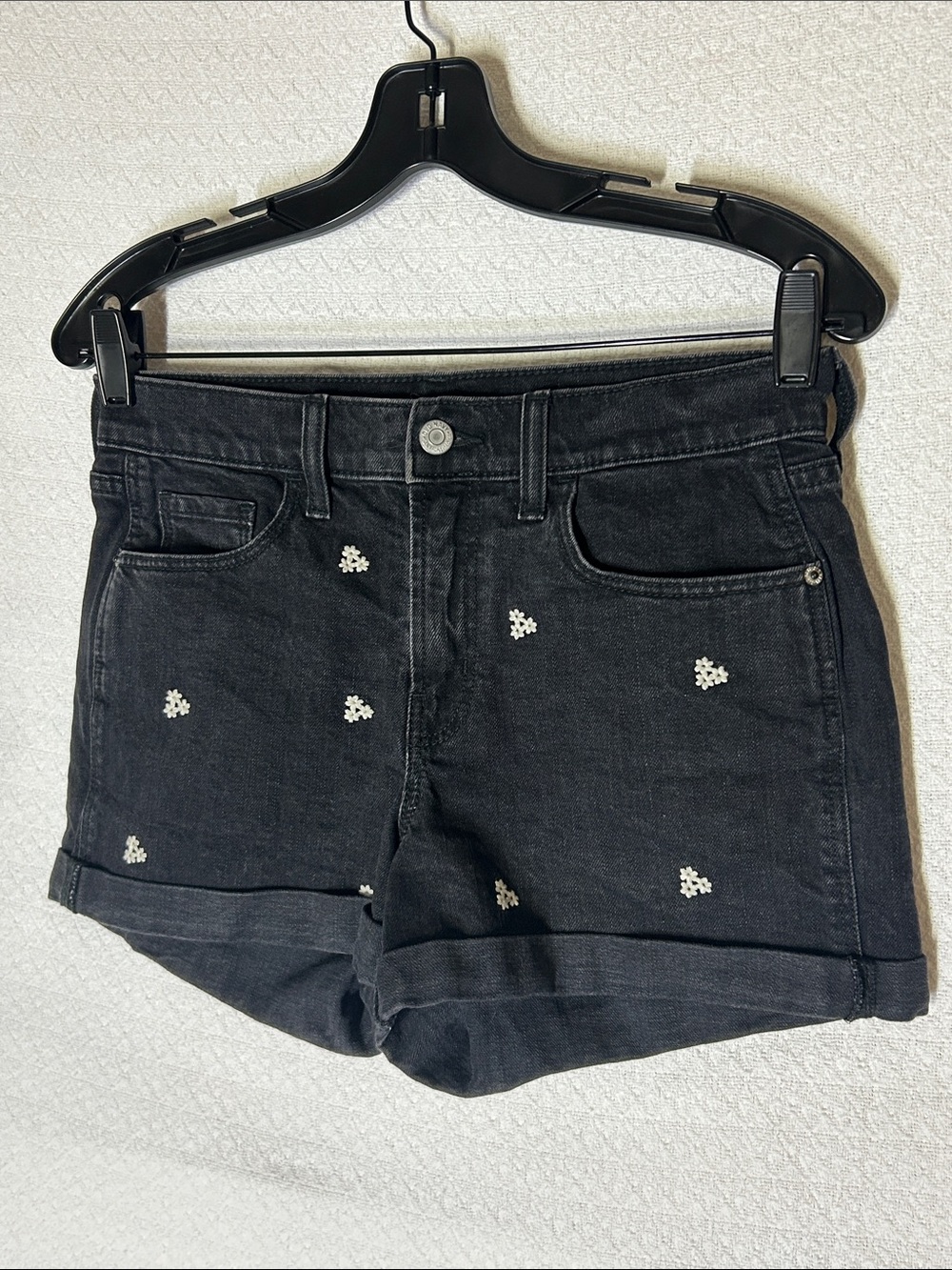 Old Navy Black Denim Shorts with White Floral Embroidery